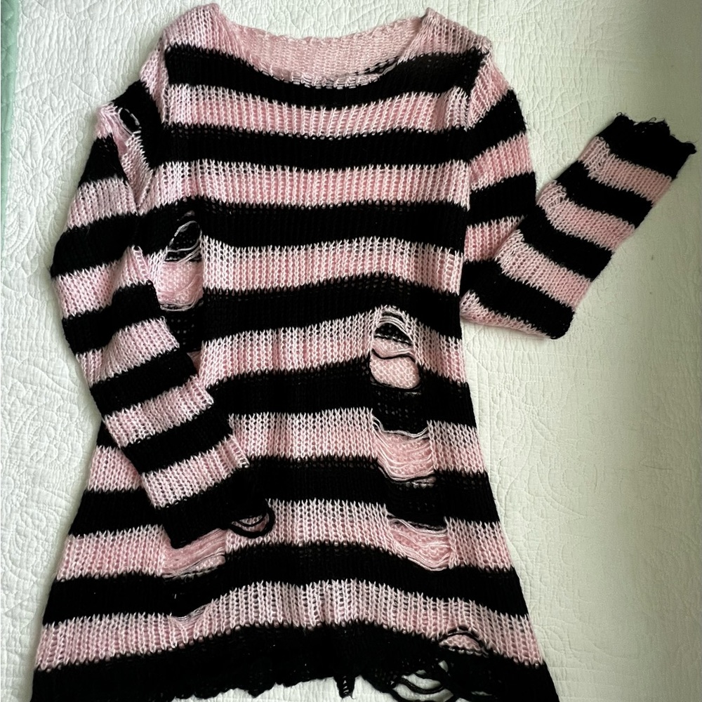 Pink black striped ripped sweater/dress